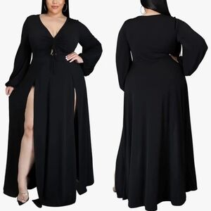 Black Plus-Size Long Sleeve Maxi Dress with Front Slits